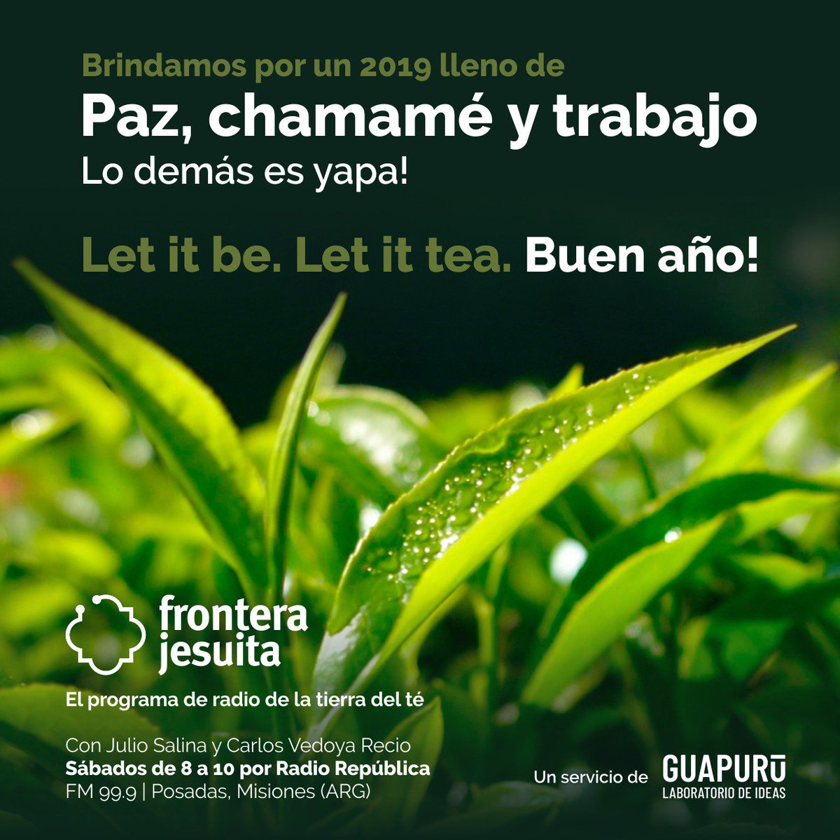 NEARURAL's tweet photo. Let it be. Let it #tea! Buen año!
Lo demás es yapa!
.
.
#FronteraJesuita
#LetItTea
#CulturasDelAgua
#ElTéMasAustralDelMundo https://t.co/Td0XKw4el0