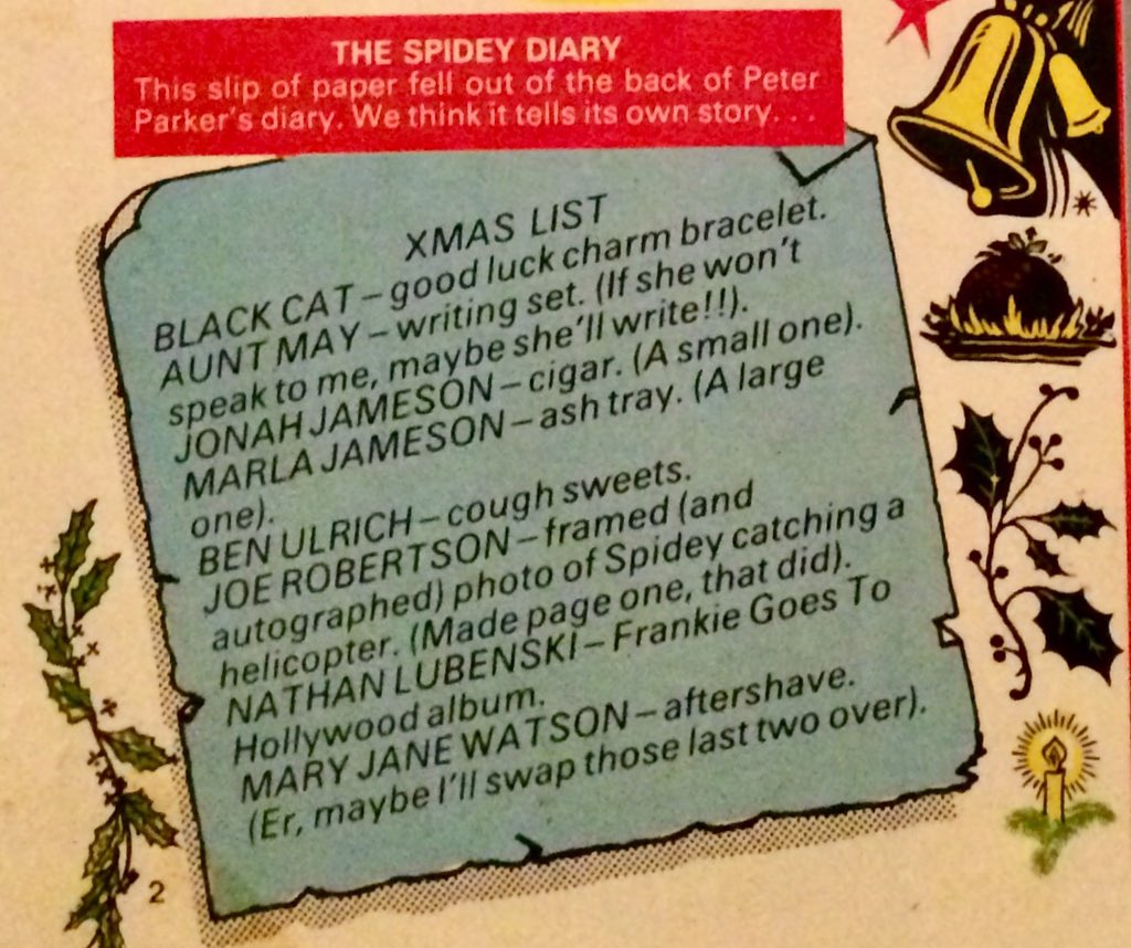 ComicsCollecti1's tweet photo. Marvel UK’s Spider-Man, No. 615, 22nd December, 1984. Contains Peter Parker’s Xmas List. Merry Christmas, web slingers &amp; True Believers! #stantheman #Christmascomics https://t.co/Lf70HbzlRe