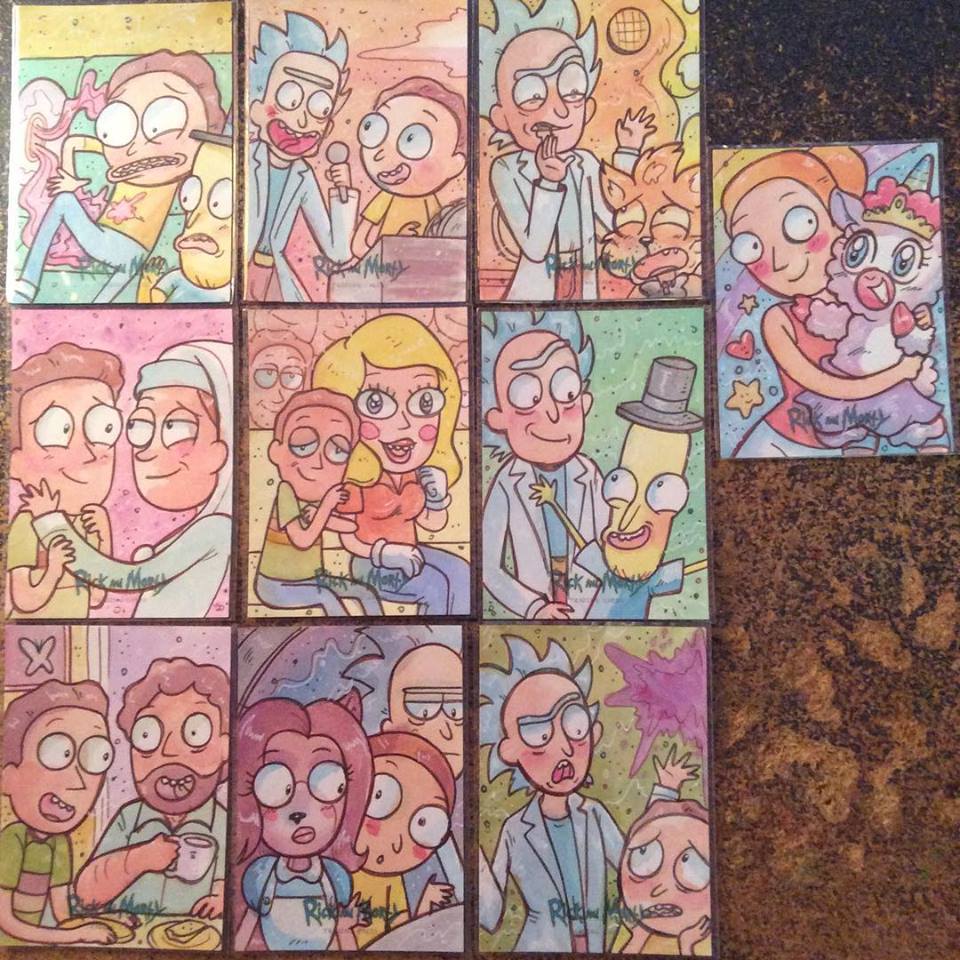 Zorilita's tweet image. I have to say this is one of the most fun sets I've worked on because I love cartoony styles and that it's so irreverent. These are my AP return cards. #rickandmorty #rickandmortyseason2 #cryptozoicentertainment #cryptozoic #sketchcards #artistreturns #zorilitamarybellamy