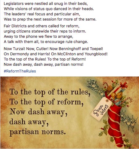 FairDistrictsPA's tweet photo. ‘Twas the night before Christmas, and at the State House
no committee was stirring (our best efforts to douse).
Rules had been drawn by a few with great care,
In hopes that we citizens would not be aware. . . . 

Now dash away, dash away partisan norms.
#ReformtheRules https://t.co/HqYv2NVMcP