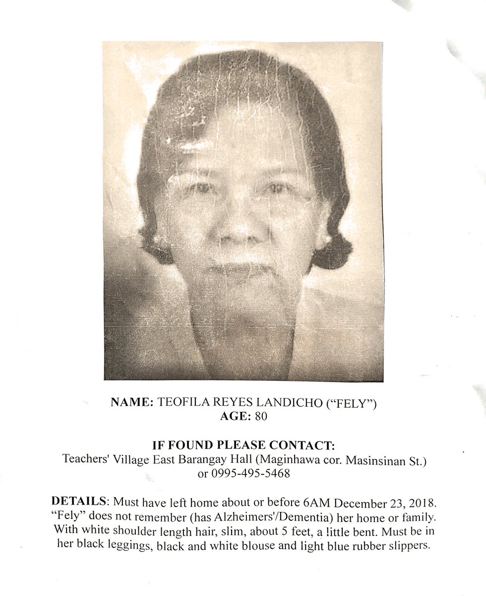 julesguiang's tweet photo. Someone knocked at our door during Noche Buena. This person has been missing since Dec. 23, 2018. “Fely” has dementia. Initial findings tell us that she must’ve roamed around Maginhawa. Please contact 09954955468. Let’s help them welcome 2019 together. Please RT. Merry Christmas. https://t.co/u3BfUIOkdr
