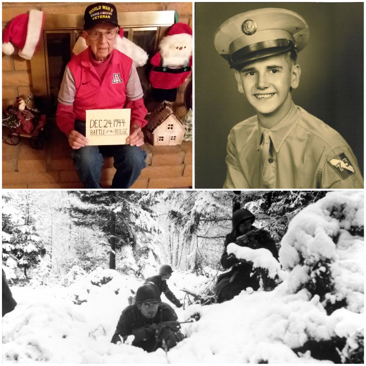 HonorFlightSAZ's tweet photo. 74 Years Ago Today . . . .
On Christmas Eve 1944 Denzel (from HF #4) was told to "find a foxhole". A Battle of the Bulge survivor, we are honored and privileged to know him. Merry Christmas and thank you for your service! #75thInfantryDivision #BattleOfTheBulge #Hero #LuvOurVets https://t.co/M7m8SjTqJh