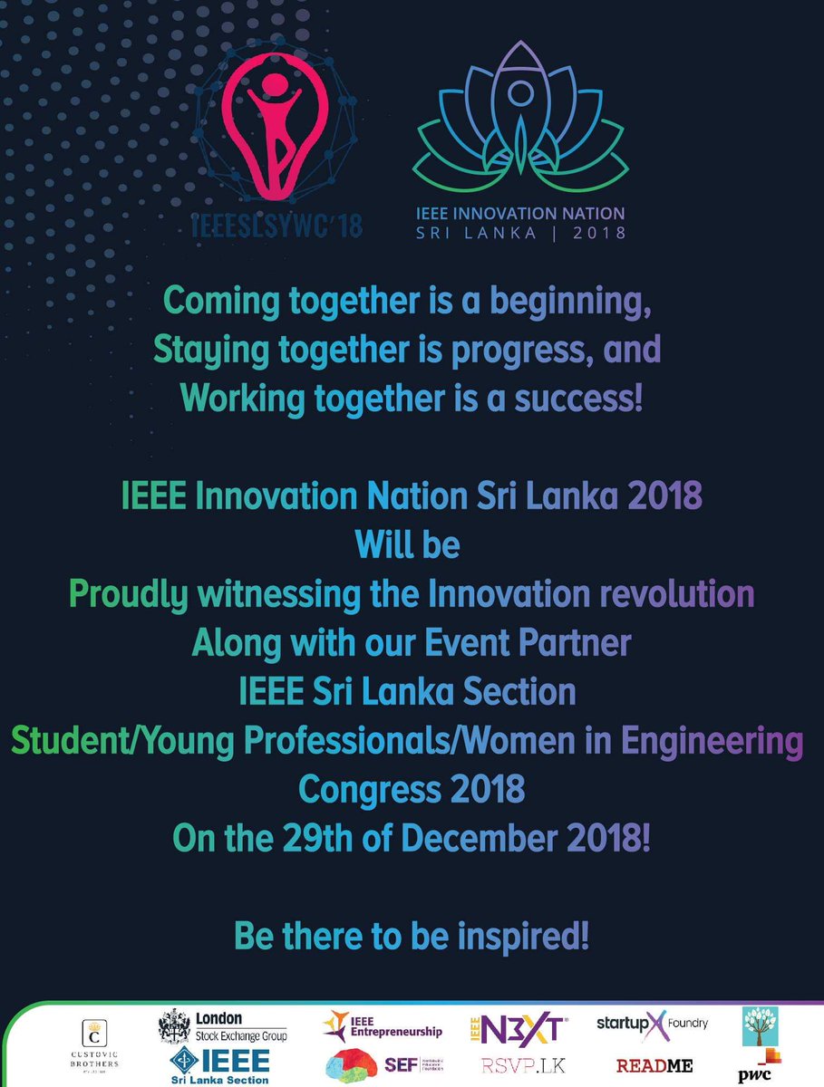 IEEEINSL's tweet photo. Please welcome our event partner IEEE Sri Lanka Section Student/YP/WIE Congress 2018!!
@IEEE_SLcongress
Visit https://t.co/F0G52dJXp0 for more information!
#IEEE #IEEEINSL https://t.co/7h426ChFBQ
