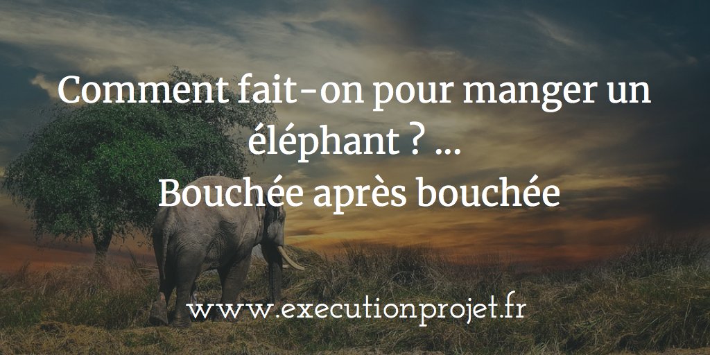 ExecutionProjet's tweet image. Comment fait-on pour manger un éléphant ? ...
 Bouchée après bouchée
. 
Et vous quelle est votre citation préférée concernant le management de projet ?
.
.
.
#projet #citation #Chef #Chefdeprojet #ChefProjet #Gestion #Gestiondeprojet #pm #Management #ManagementdeProjet #projets