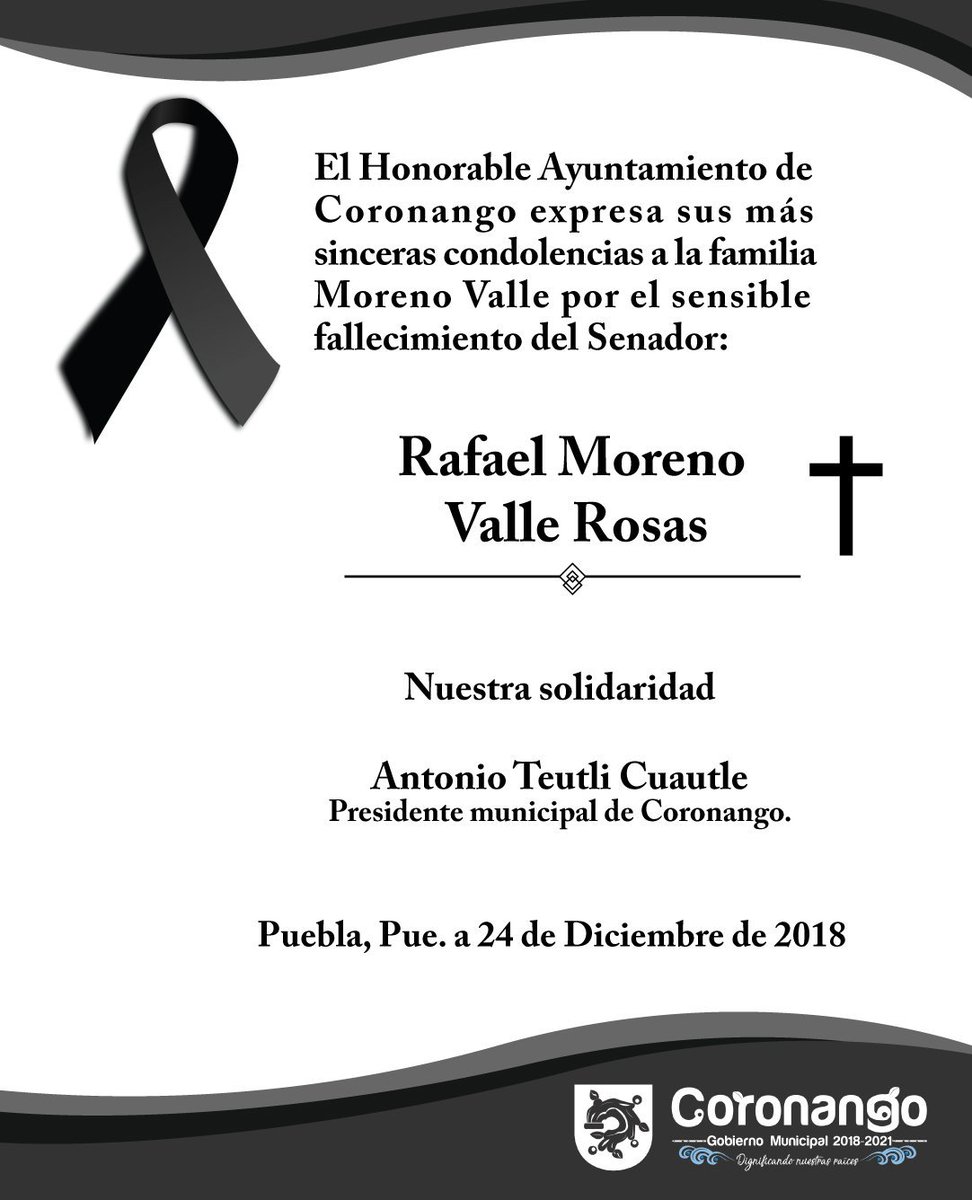 AntonioTeutliC's tweet photo. Lamento el trágico accidente en el cual perdieron la vida la Gobernadora Martha Érika Alonso @MarthaErikaA, el Senador Rafael Moreno Valle @RafaMorenoValle, los Capitanes de la aeronave Roberto Coppe | Marco Antonio Tavera y el Asistente Héctor Baltazar.Que descansen en paz. https://t.co/J3qCzxd7Cn
