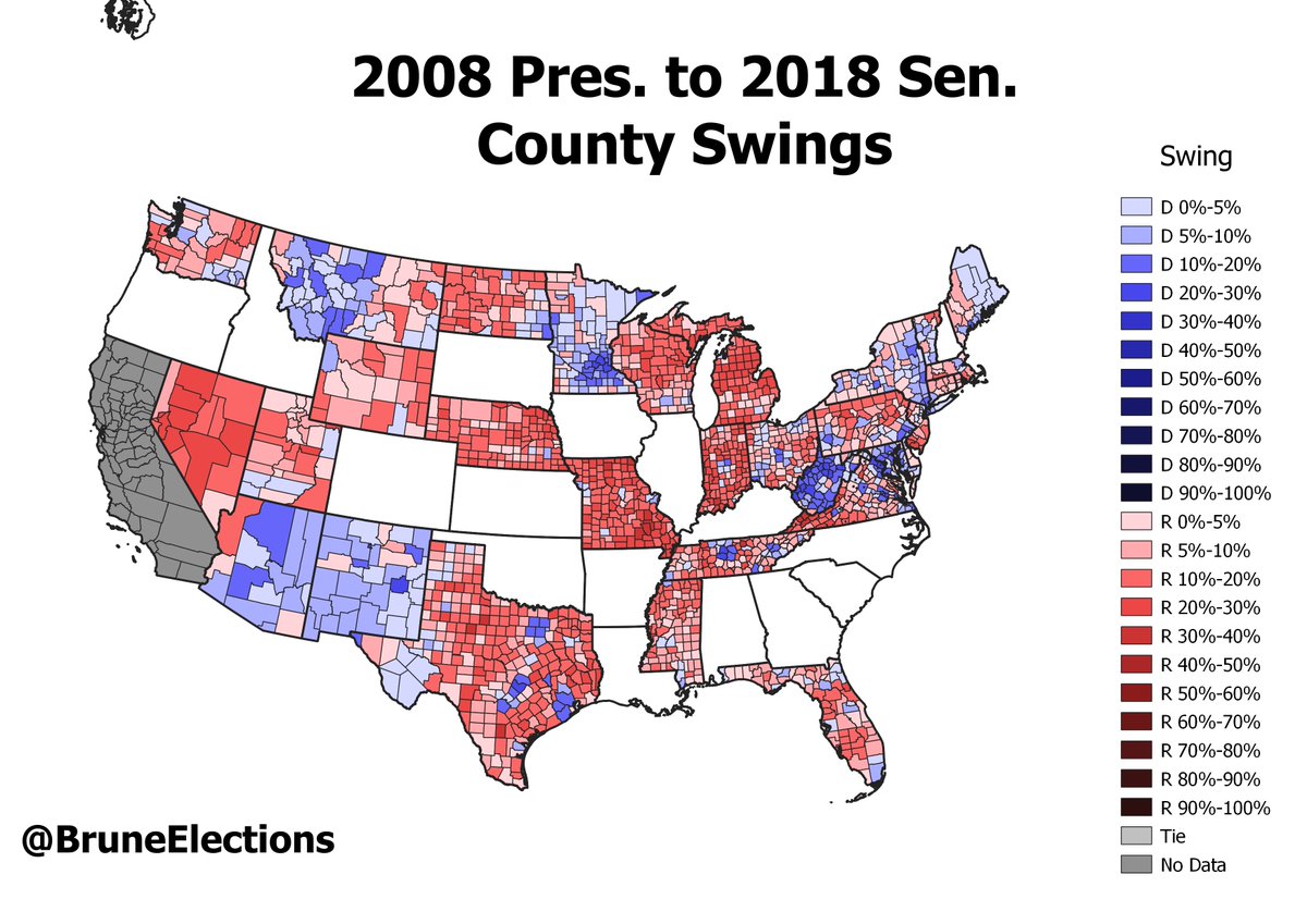 Ryan Brune On Twitter Another Little Comparison Map This Time A County Comparison Map Of The 2008 Presidential Election And The 2018 Senate Elections Blue Implies A Better Democratic 2018 Performance Https T Co Xb2o92t8kl