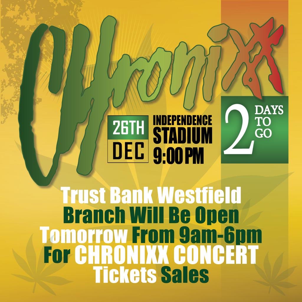 BBlackBarbie's tweet image. Absolute Entertainment and Trust bank wishes to inform you that Trust Bank Westfield branch will be open tomorrow from 9am-6pm for CHRONIXX concert tickets sales. 

Tickets: 
Regular: D400 | Gate: D600
VIP: D1000

For more info call us on 3833131 / 3839009
#AbsoluteEntertainment