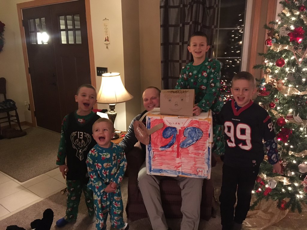 Merry Christmas <a href="/JJWatt/">JJ Watt</a> 
My boys got me a “real life” big JJ Watt <a href="/sackmaster/">steve ford</a>!  7 year old Evan is your BIGGEST fan in MN! #luke2
