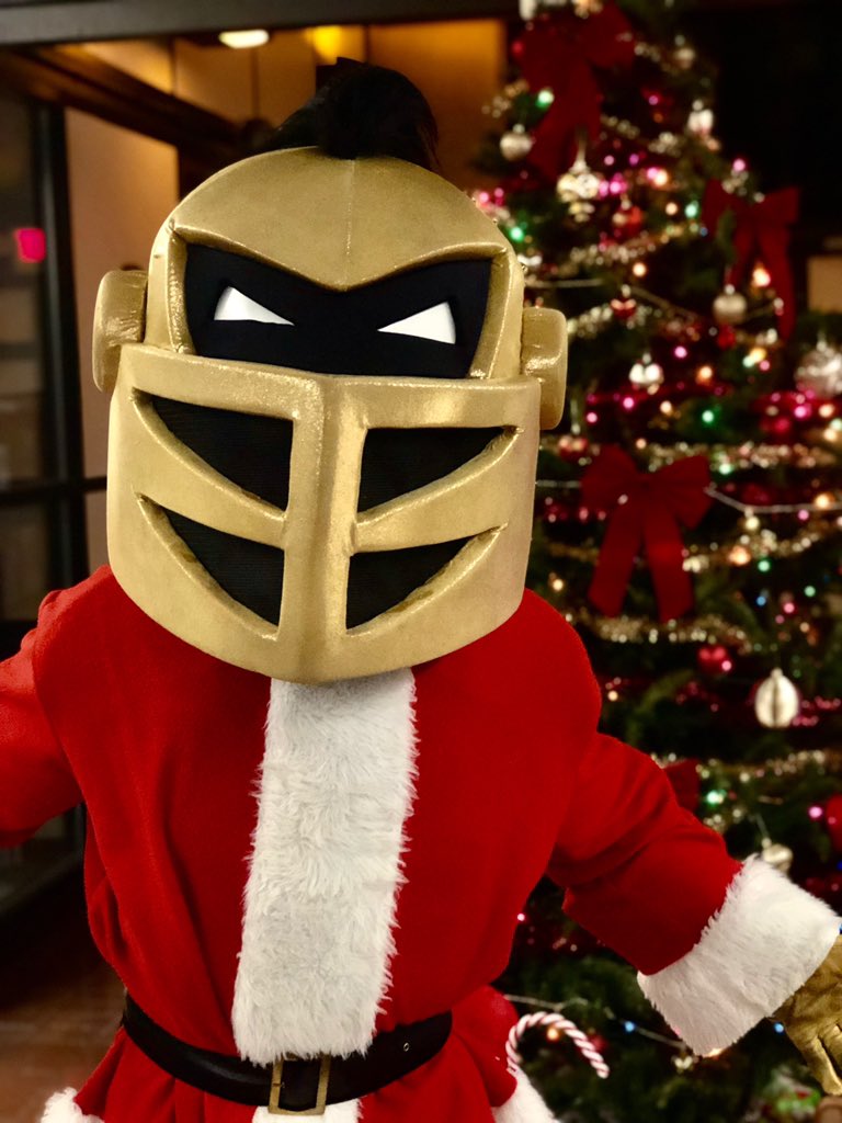 UCF_Knightro's tweet photo. @DaStanfordTree @beakermsu @RUScarletKnight @DaytonRudyFlyer @SpikeTBulldog @UGAHairyDawg @TheHokieBird @SkidmoreSkids @roscoethelion @AlbertGator @LSUmiketiger @RJ_UNC @shupirate @DoubleZeroVCU @BananasTBear @Rameses_UNC Happy Christmas to all, and to all a good Knight. ⚔️🎄⚔️ #MascotStoryTime #SilentKnight https://t.co/RZCMg6VlnE
