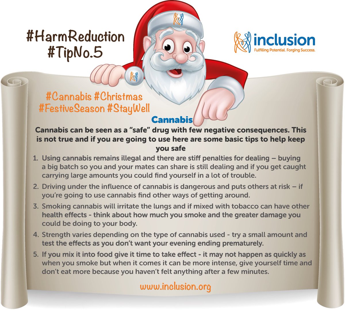 Inclusion_NHS's tweet photo. Often #Cannabis can be seen as a safe drug with few negative consequences. This is not true and we’ve outlined some basic tips to keep you safer #StatSafe #Christmas #TipNo5 https://t.co/k0eHFGpnlr