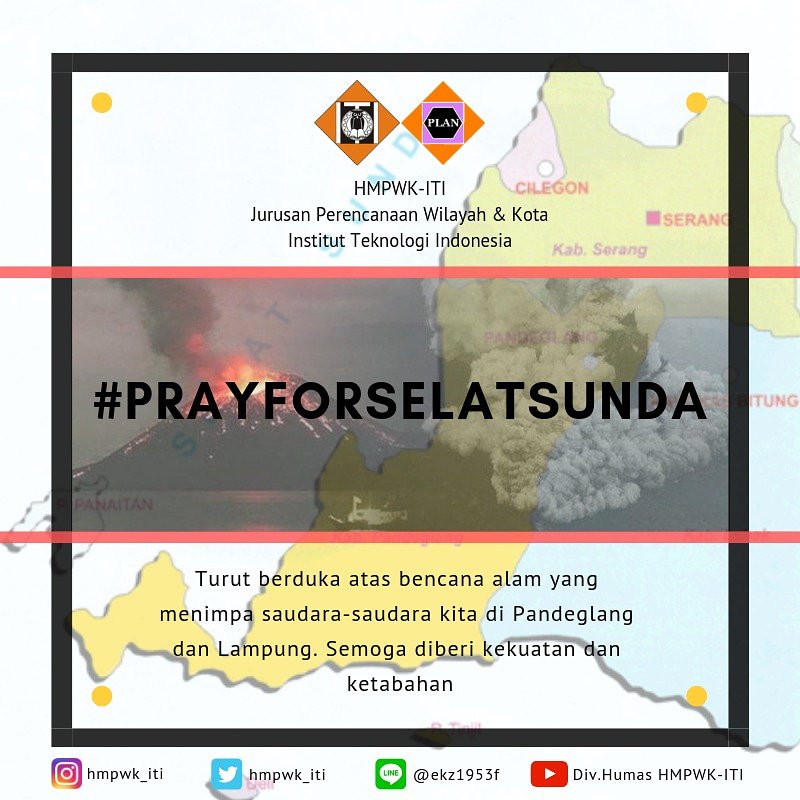 [PRAY FOR SELAT SUNDA]

Kami keluarga besar HMPWK ITI mengucapkan turut berduka cita atas bencana yang melanda Pandeglang dan Lampung.
Bersama kita berdoa u/saudara kita di Pandeglang dan Lampung Semoga diberikan perlindungan, keselamatan, dan pertolongan atas bencana yg terjadi.