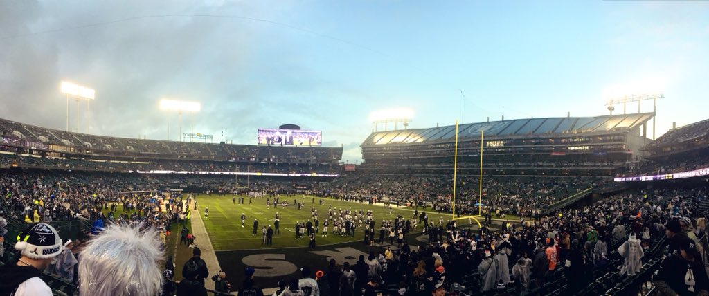 mora82's tweet photo. Got to watch the last home football game in Oakland with my dad and one of my best friends. Worth the rain. #WeOutHere https://t.co/pjkXzZsl2H