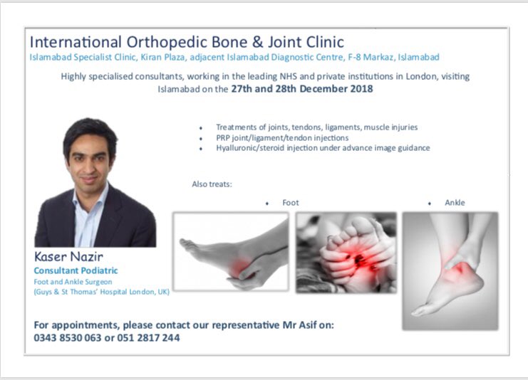 AdnanNazir87's tweet photo. A team of U.K. based specialists carrying out clinics in Islamabad this week only. Treating a range of conditions from Foot pain to Knee pain. Contact Mr Asif on 0333 5056289 for more details. Please share with family and friends. #ukdoctors #islamabad #specialist https://t.co/VMc1RF4GDJ