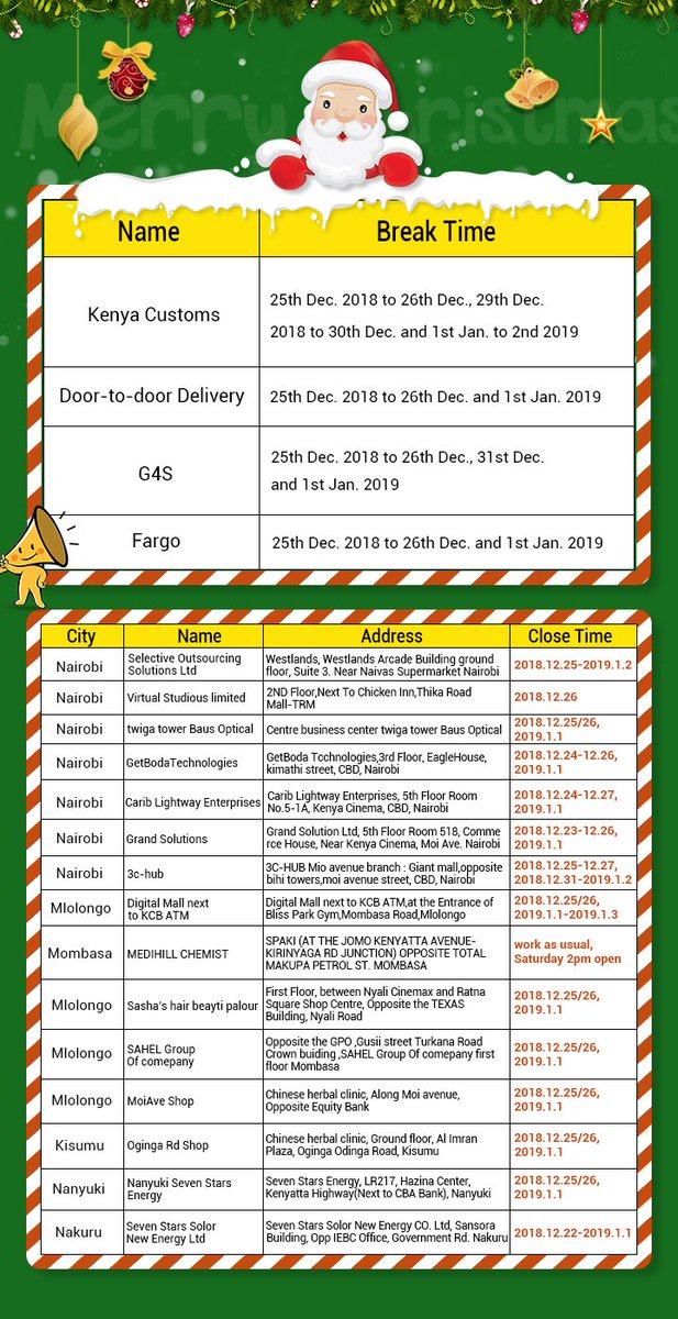Kilimall's tweet photo. We would like to remind you about the logistics and pick up stations operations accodingly during holiday. If your package arrives at the pick up station, please get it within 7 working days (excluding Dec. 25-26 &amp; Jan.1). https://t.co/eXVoep76M5