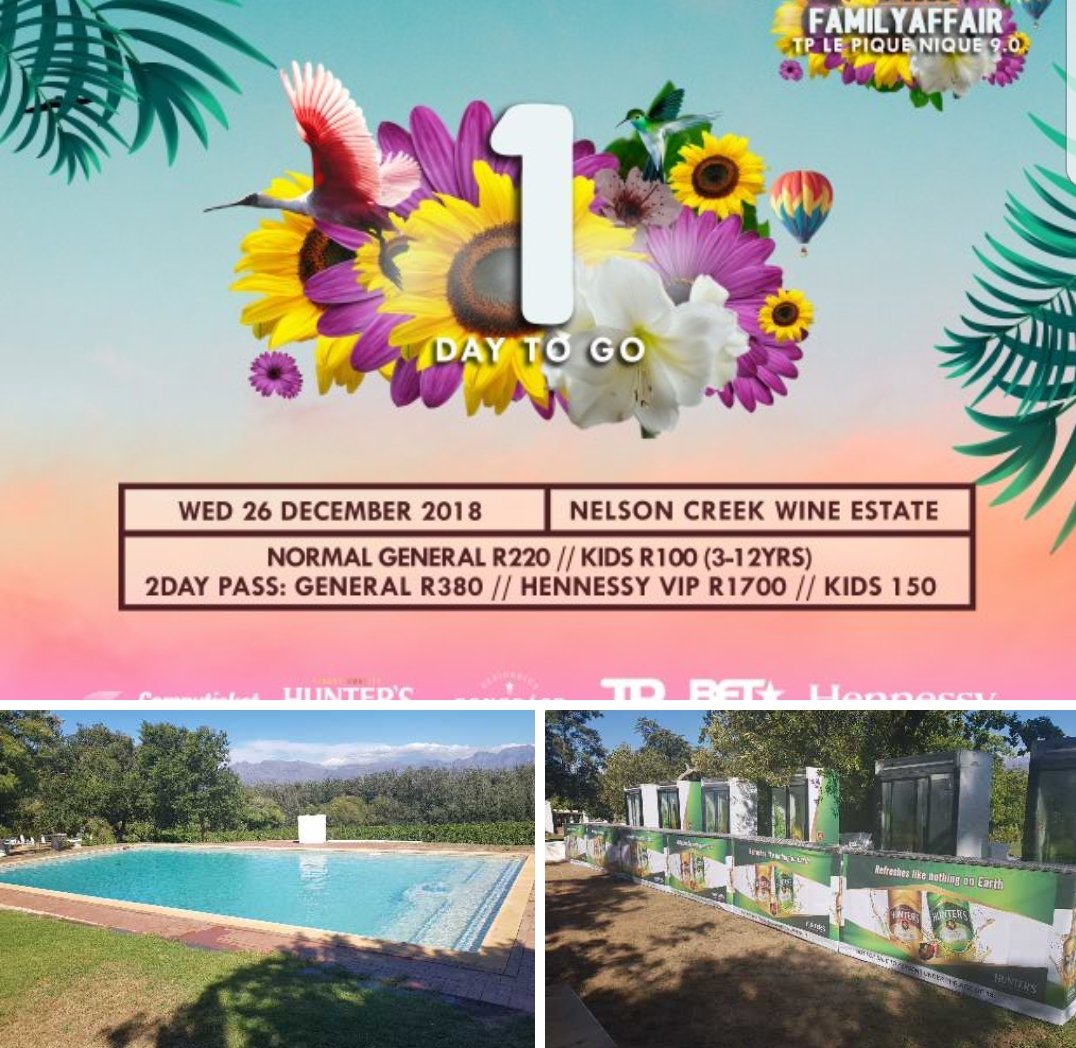 1 Day Left 

TP Le Pique Nique 9.0 ANNOUNCEMENT

General Tickets at the Gate R300 | Kids R150 | VIP R1200 
(ts &amp; cs: Depending on availability)

NO CASH OR CHEQUE WILL BE ALLOWED | ONLY CARDS 

#LivingColourInCarnivalCity #FamilyAffair #Hunters #BETAfrica #Hennessy
