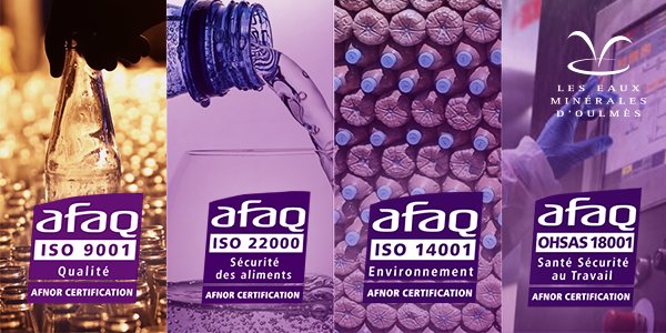 Fières de la reconduction de 4 certifications  ISO 9001, ISO 22000, ISO 14001, OHSAS 18001. 
Un gage de notre respect des normes de qualité internationales. 
#LesEauxMinéralesdOulmes