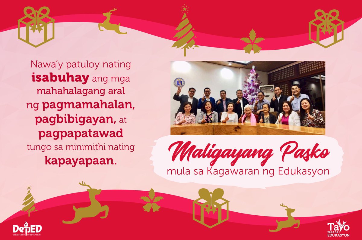 DepEd_PH's tweet image. Maligayang Pasko sa lahat ng Pilipino saanmang panig ng mundo!

Basahin ang Pamaskong Mensahe mula sa Kalihim ng Kagawaran ng Edukasyon: bit.ly/2EKALxB
