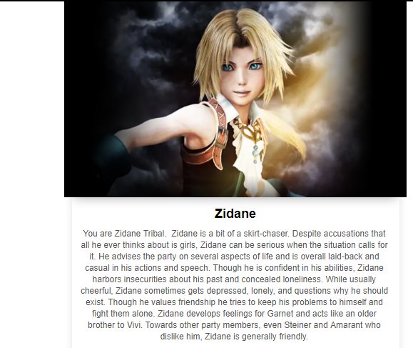 DcrJacko's tweet image. It's fun when random quizzes of playbuzz give you a better result than MBTI tests.
My fav character of all the franchise, also!
#mbti #playbuzz #personality #FinalFantasy
