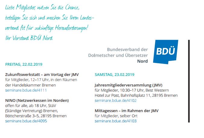 (hc) Am 23. Februar 2019 steigt unsere JMV in Bremen. Und tags zuvor ab Mittag unser Strategieworkshop! Sagen Sie dem Vorstand, wo es langgehen soll!