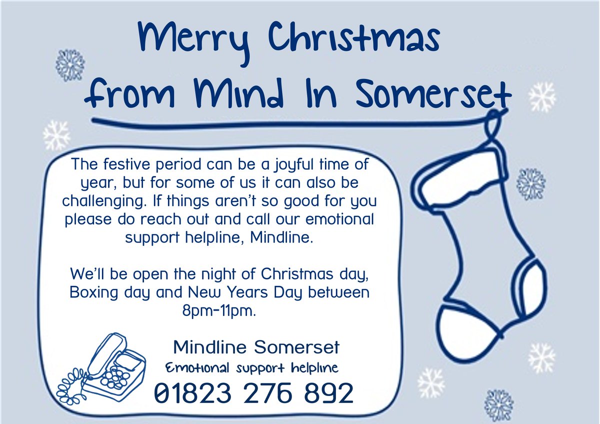 We at hope you've had a fab #ChristmasDay2018 .However if your struggling to #Joinin with the festive spirit our emotional support helpline is here for you. Call us now on 01823 276 892. We're here to listen to you without judgement.