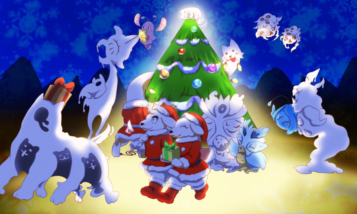 のこ A Twitteren うたでつむぐものがたり かぞくと しあわせな クリスマス Undertaleをプレイして一番幸せな時を 過ごしてほしいと思った方々を描いてみました ナキムシとしにがみちょうがつけようとしてる飾りに先客がいるようです この後料理も盗み食いしたのではと
