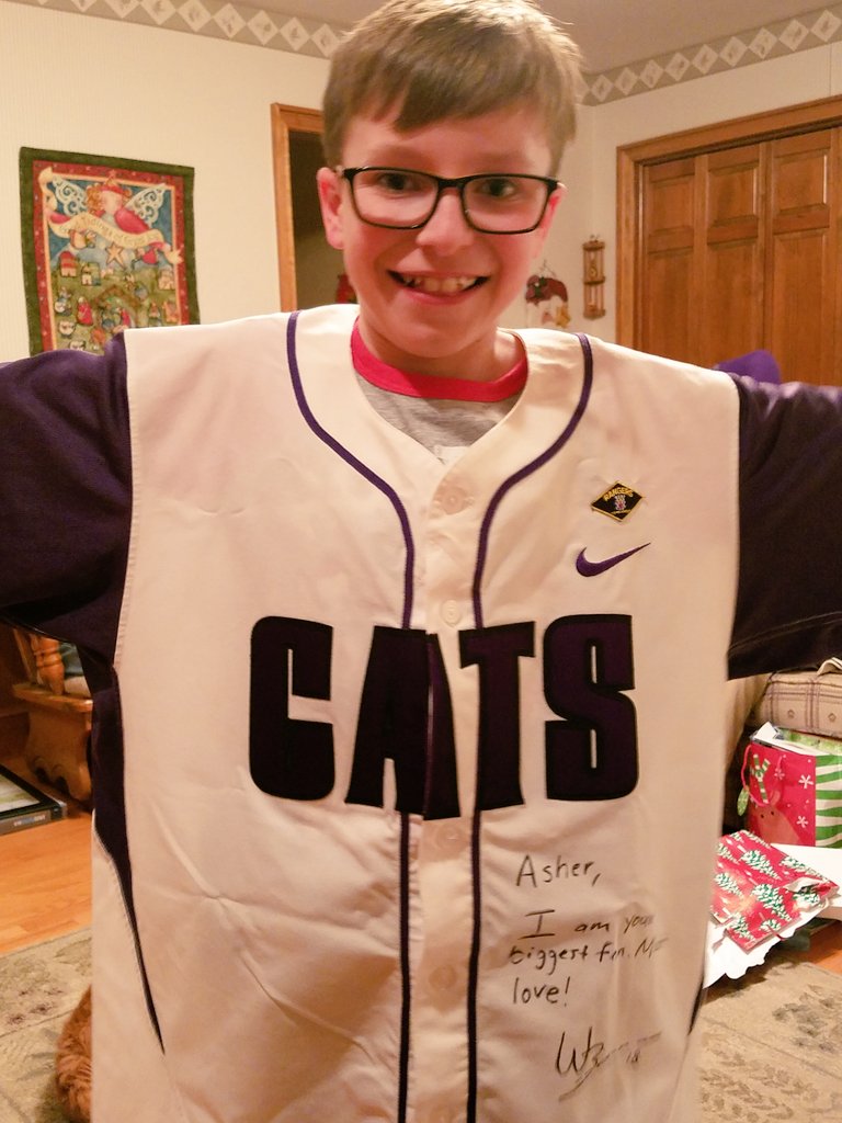 EPeterman38's tweet photo. Asher's #1 Christmas Wish...A Will Brennan jersey @Silly_Willy18 Thank you SO much for making it come true. Asher loves you and is your biggest fan! Asher says "Thank you for being my friend, you're so nice"#KStateBSB #ashersrolemodel #Willsbiggestfan #specialneeds #autism https://t.co/CCt4SBIQ1I