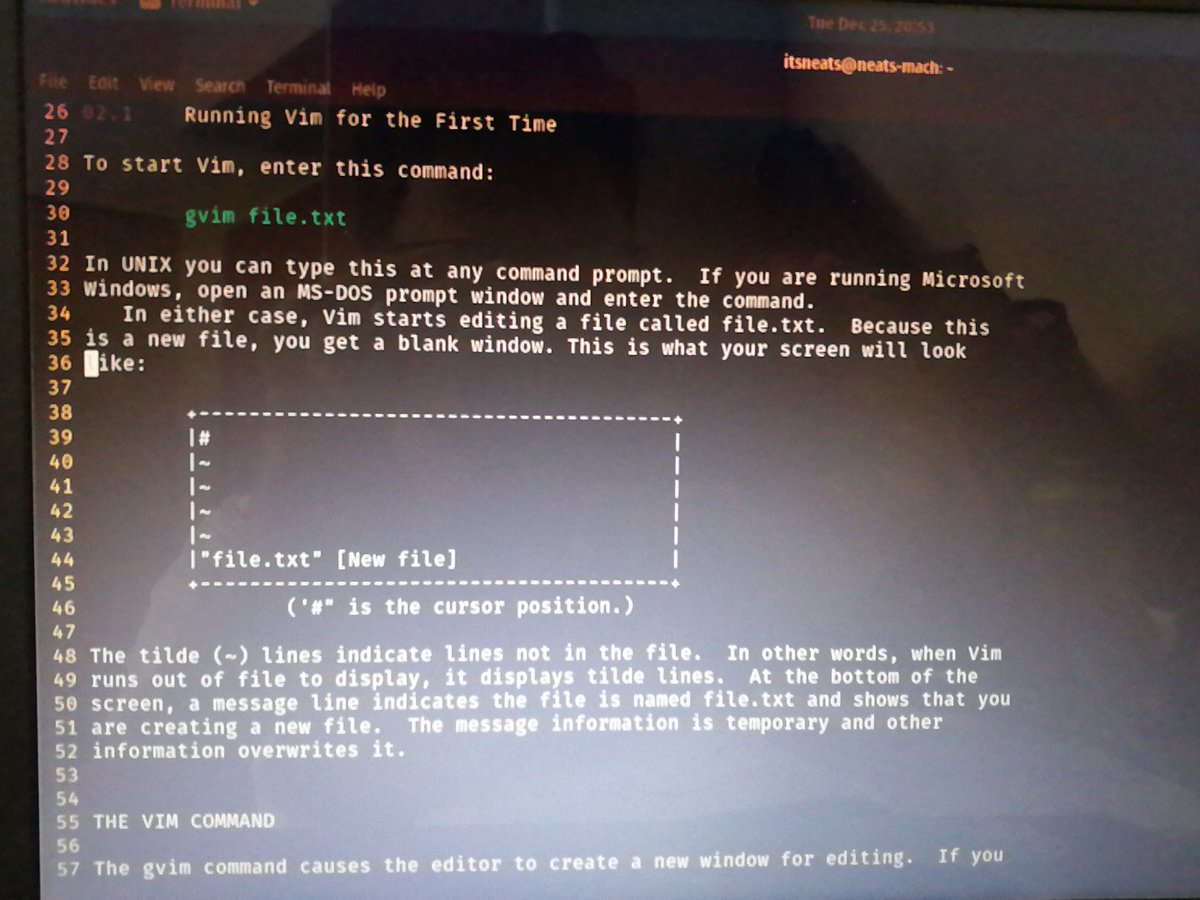 neatsdude's tweet image. Finished #vimtutor
Started reading vim documentation
#Vim 
It's Fun actually.
Thanks @manuzacharia for inspiring to read documentation.