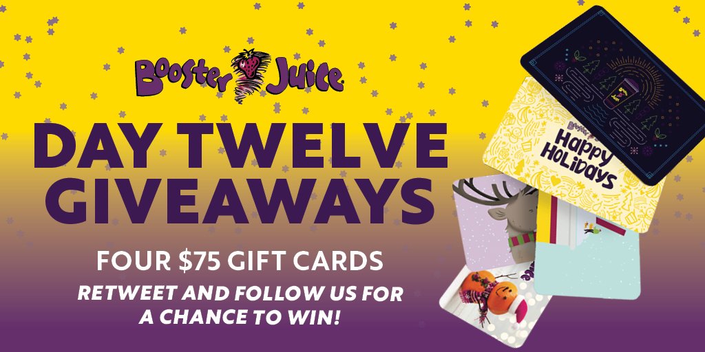 boosterjuice's tweet photo. This brings us to our 12th and final day of holiday giveaways, and not even Santa can compete with this one. We are giving away four $75 BoosterJuice gift cards! RT to WIN! #BoosterJuice #Contest https://t.co/3Z1y8fOXrl