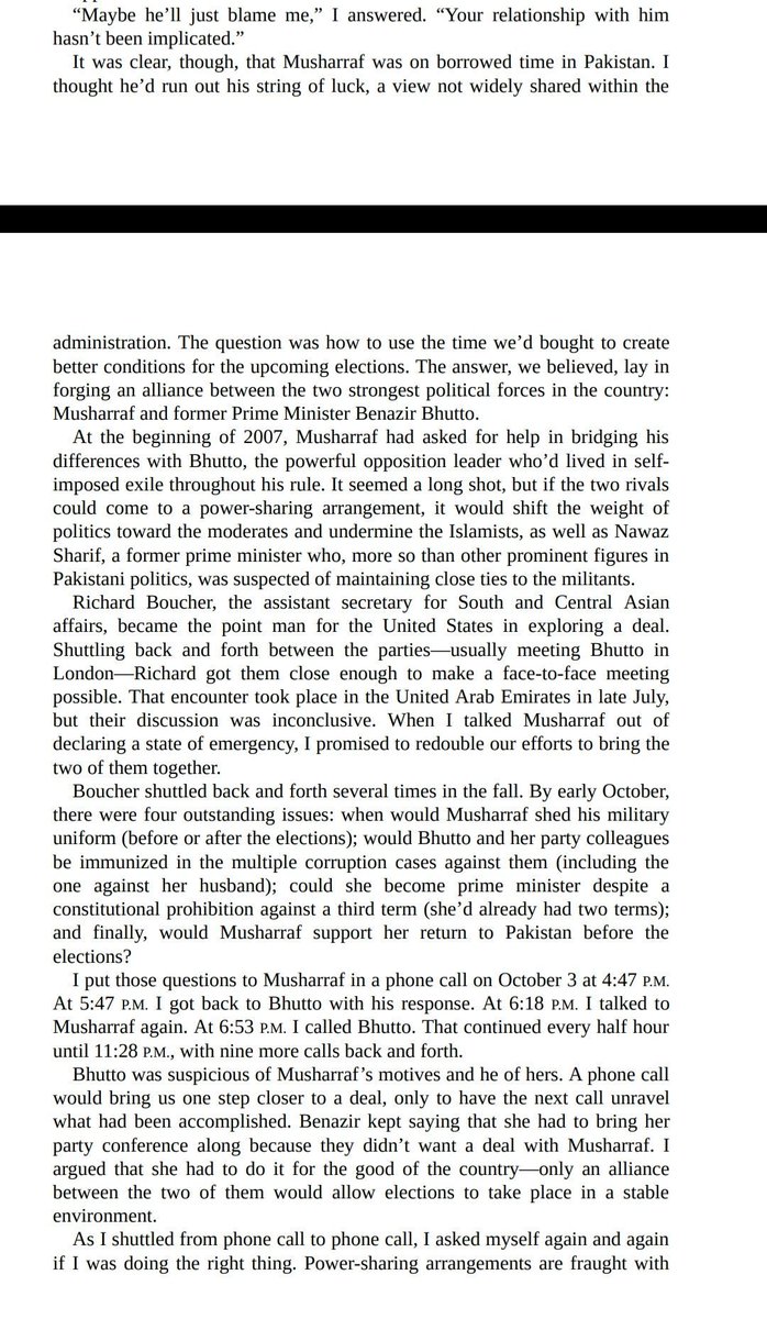 8/NGreat liberal democrat, Benazir Bhutto made a US brokered deal with Musharaf that entailed dropping corruption cases against her & Zardari & return to power.(Reference: No Higher Honor by Condoleeza Rice)