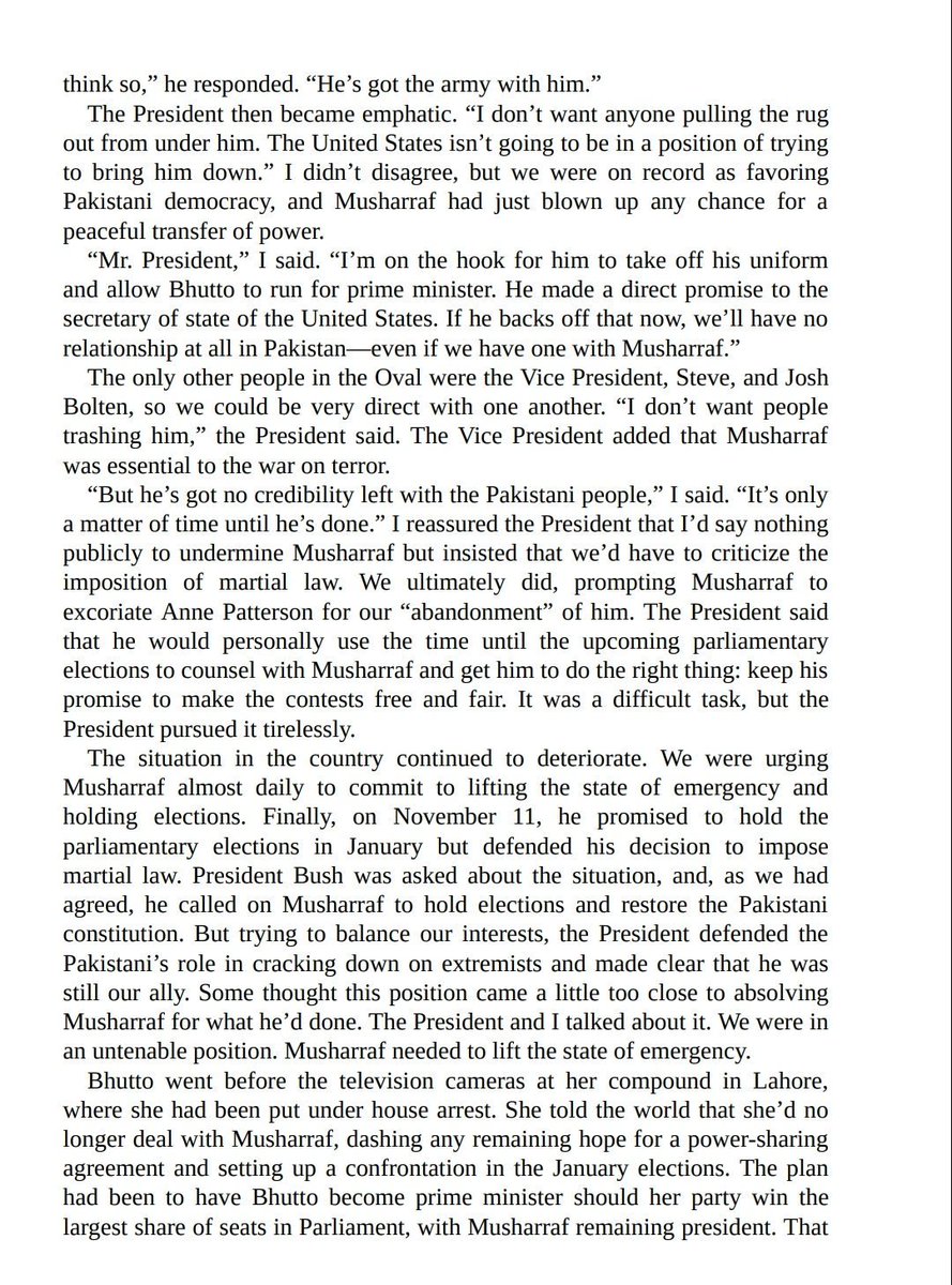 8/NGreat liberal democrat, Benazir Bhutto made a US brokered deal with Musharaf that entailed dropping corruption cases against her & Zardari & return to power.(Reference: No Higher Honor by Condoleeza Rice)