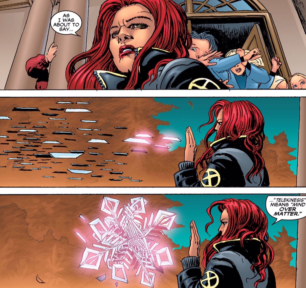 phoenixsource's tweet image. "As I was about to say, telekinesis means 'mind over matter'"
—Jean Grey in New X-Men #120