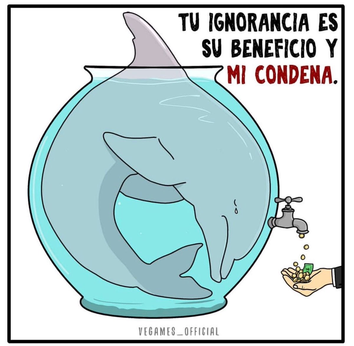 Los parques marinos como #SeaWorld y #MiamiSeaquarium se preocupan más por sus ganancias que por el bienestar de los animales que están presos allí. [Arte por @VegamesOfficial]