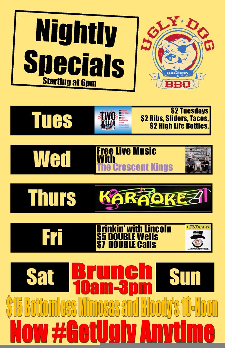 Here's a look at What's going on at The Dog! #GetUgly #Bottomless #Brunch every Sat and Sun