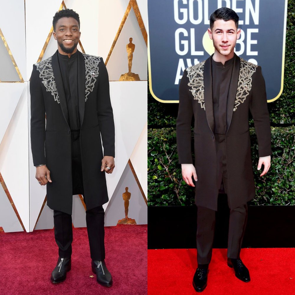 tryforma's tweet image. Happy holidays everyone! 🎄🤩🎉 Here’s an #outfitswap with @nickjonas and @chadwickboseman for some holiday party outfit inspo🤗 #ootdbyforma #wearanything #holidayspirit #celebritystyle #instantmakeover #virtualreality #augmentedreality #fashiondiaries #mensfashion #blackpanther