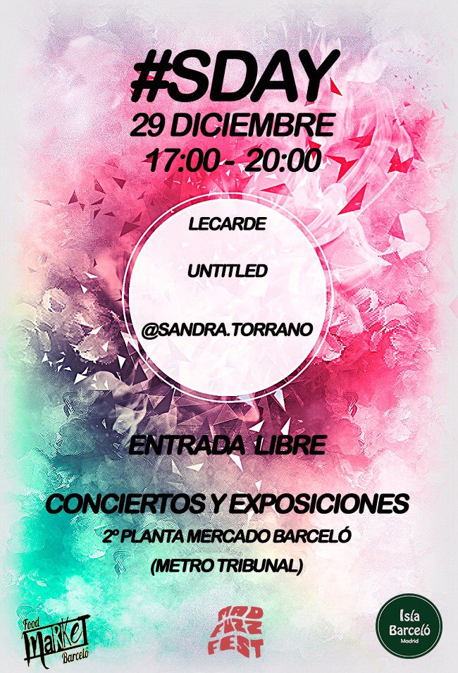 Ey! ¡Tenemos regalo de Navidad! El sábado conciertaco GRATIS de <a href="/LecardeRock/">Lecarde</a> y #Untitled y expo de <a href="/sandra/">Sandra</a>.torrano. En <a href="/marketbarcelo/">Food Market Barceló</a> <a href="/BarceloIsla/">Isla Barceló</a>. ¡Todo el mundo a beber cerveza y comer turrón! #navidad #madrid #livemusic