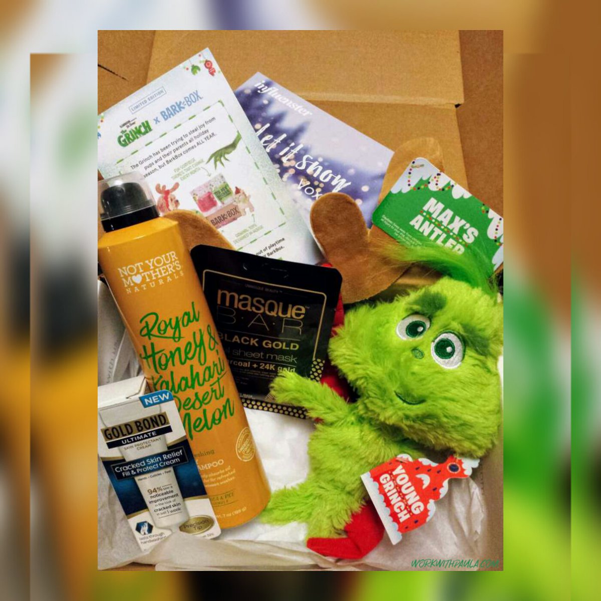 WorkwithPaula's tweet photo. Thank you @Influenster, @NYMBrands, @My_MasqueBar, @barkbox & #GoldBondUltimate for the #complimentary #LetitSnowVoxBox products!❄️#NotYourMothers #NYMdryshampoo #NYMnaturals #MasqueBar #UnmasqueBeauty #YoungGrinch #MaxsAntler #BarkBox #UltimateWomen #SootheandSmooth #Influenster https://t.co/NtPmnbA03E