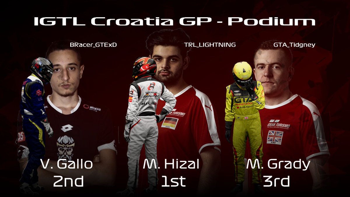 IGTLeague's tweet photo. On this Christmas day, lets celebrate the podium of the #IGTLF1, with in 3rd position, M. Grady @Tidgney @GTA_RacingTeam! 2nd, V. Gallo @BRacer_GTExD from Italy! And then... On the 1st position, M. Hizal @HizalMikail also known as TRL_LIGHTNING, @TeamRedlineSim! @thegranturismo https://t.co/EDZv0DhE5D