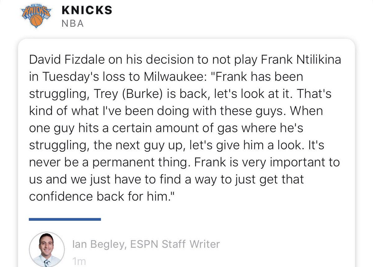 Ian Begley On Twitter Here Is The Full Quote From David Fizdale Regarding Frank Ntilikina S Dnp Against Milwaukee