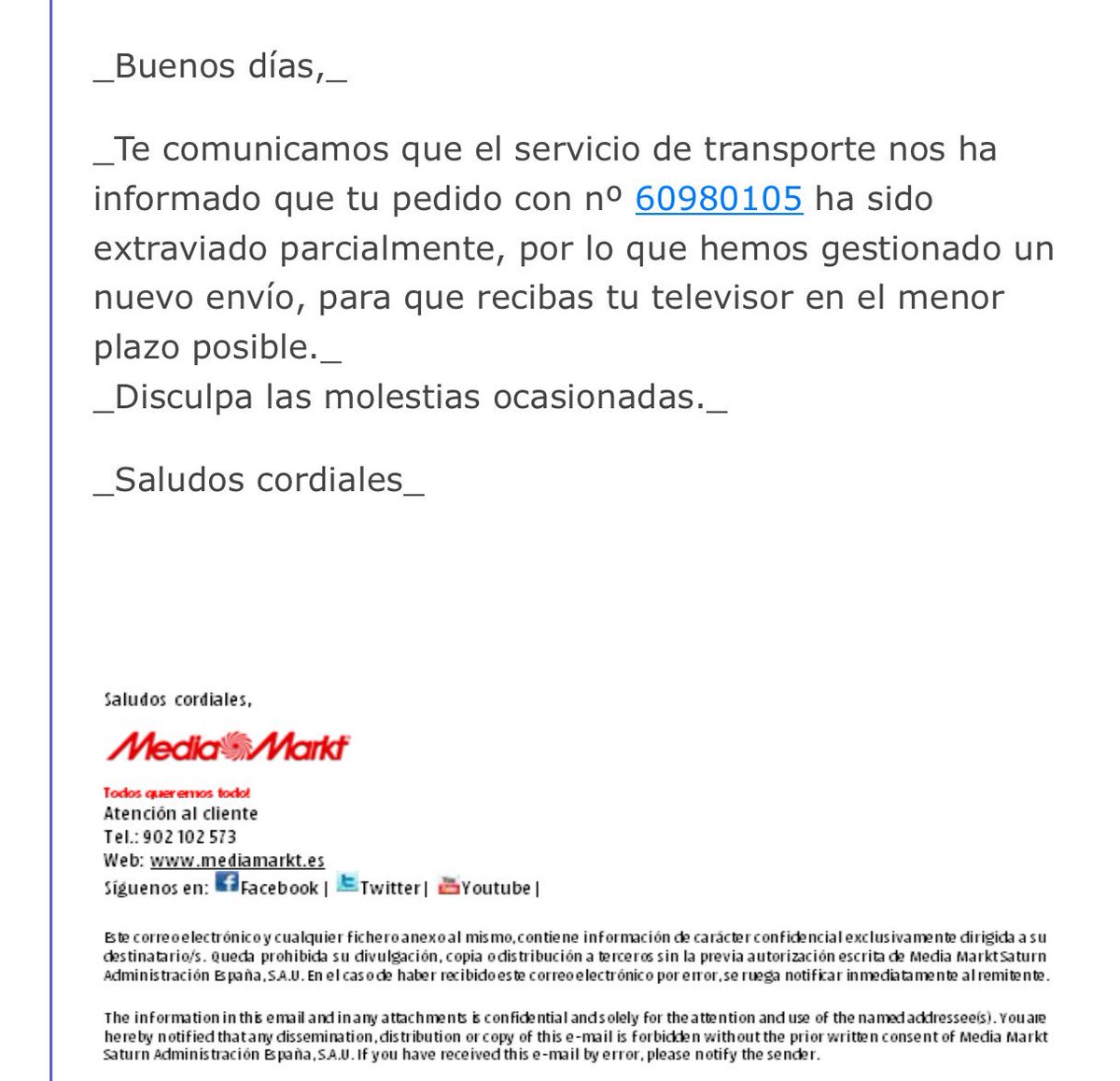 jaiguipr's tweet photo. @MediaMarkt_es compre en Black Friday hace ya un mes una TV de 75” de 2000 euros y después de tener que llamar varias veces a atención me dicen que se ha extraviado parcialmente . Increíble. Sin Tv después de un mes. Espero una compensación ... https://t.co/JZ9rZaLbM2