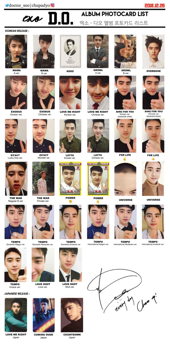 EXO D.O. Kyungsoo Album Photocard list 디오 도경수 앨범 포토카드