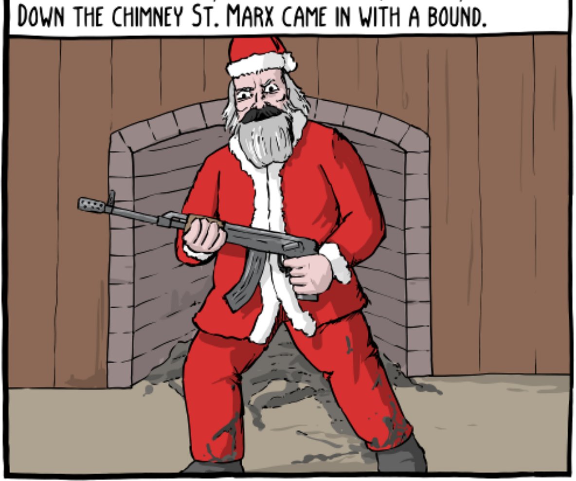 Karl Marx dressed as Santa Claus in front of a fireplace aggressively holding a machine gun