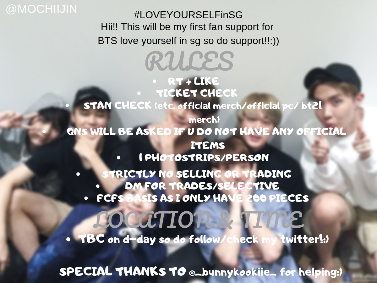 MOCHIIJIN's tweet photo. [HELP RT+LIKE]
Hii!! I will be doing a fan support for #LOVEYOURSELFinSG so do come and support!!:)) ©️to rightful owner for the pics used for this fan support!! Do dm me so that I can credit u!! Thank you!!:)) https://t.co/h8xW9Frewo