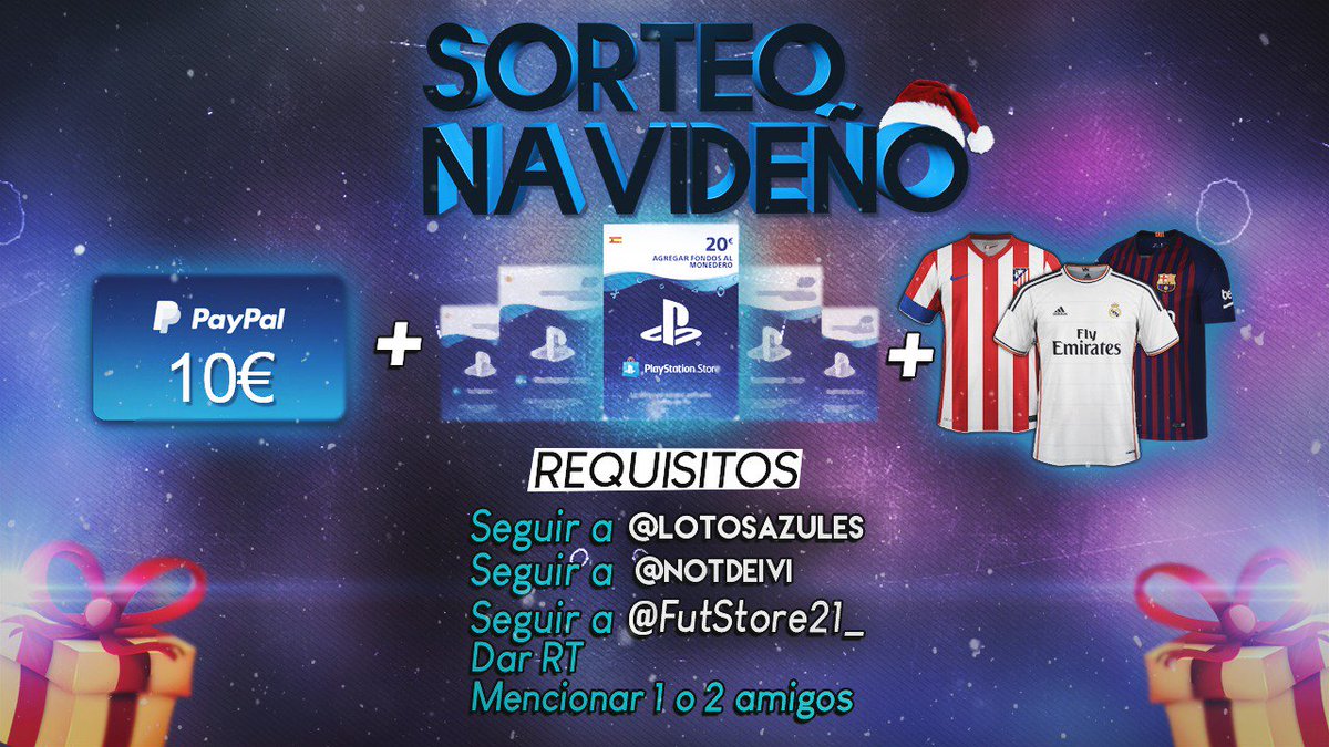 🎀 ¡QUE NADIE SE QUEDE SIN REGALOS! 🎁

✅ Camiseta de fútbol (a elegir)
✅ Código PS4 (20€)
✅ 10€ vía PayPal

¿Como conseguirlos? 🤔

✅ Seguir a <a href="/LotosAzules/">DARAYA ESPORTS</a>
✅ Seguir a @FutStore21_
✅ Seguir a <a href="/NotDeivi/">— D</a>
♻️ ¡DAR RT!

¡MENCIONA A 1-2 AMIGOS Y DINOS POR QUÉ OS LO MERECÉIS! 🏆