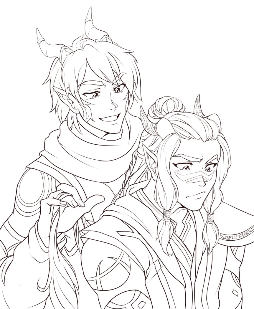 PastelHoneyFish's tweet photo. Here are the lines of a collab I did with Cloverfaerie.jpg of Runaan and a special someone! Check out the amazing colors they did of it on their Instagram! #TheDragonPrince https://t.co/Xw4knP02Ut