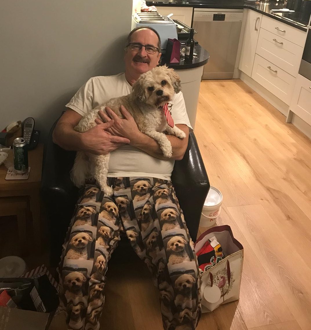 ClairByrne's tweet photo. got my dad pajama bottoms with a photo of the dog on them and if this isn’t the best thing I’ve seen https://t.co/rLDzSBk0ao