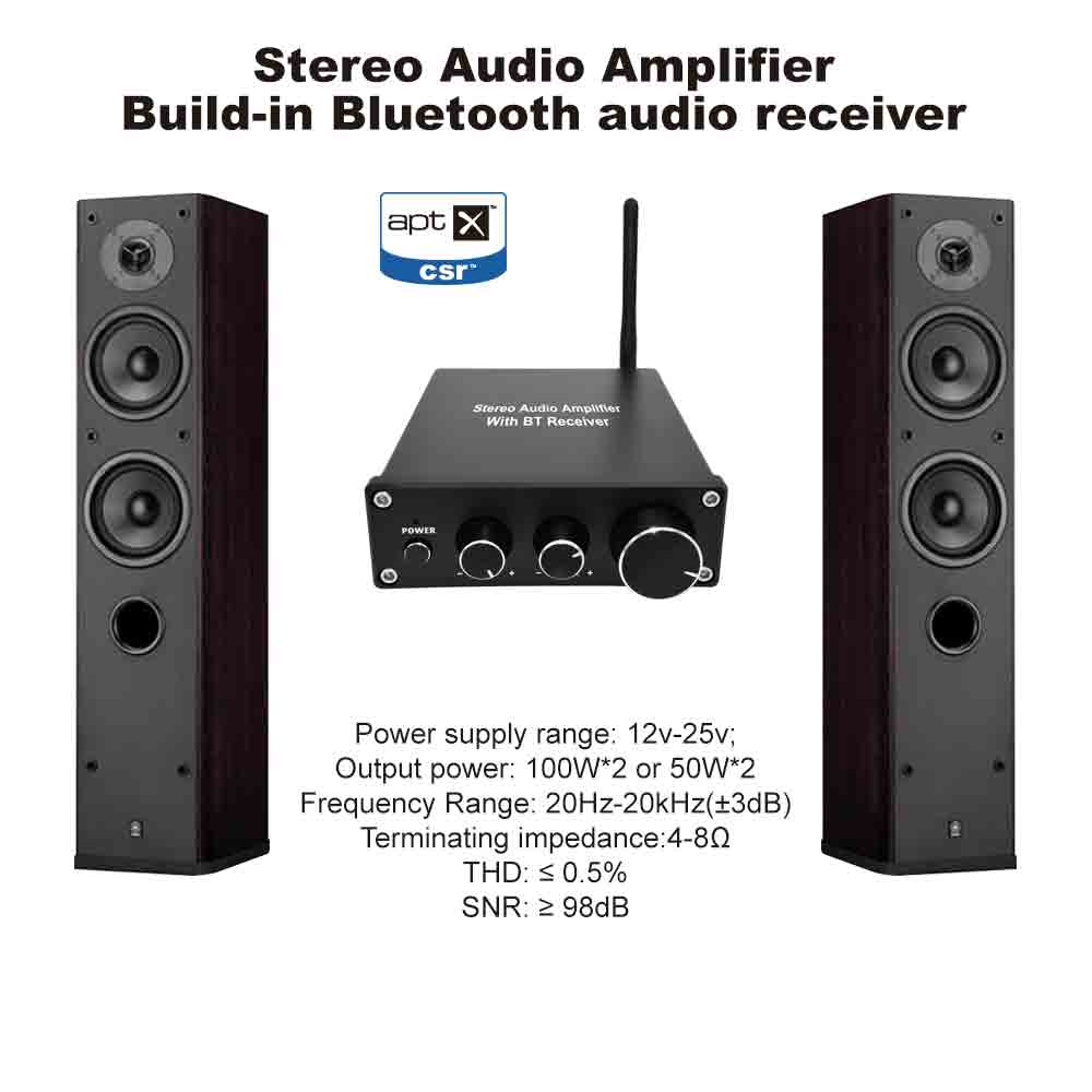 2 Channel Class D Stereo Mini Bookshelf Amplifier with Bass and Treble Control (Amplifier+Adapter)
Specification:
Bluetooth: apt-X Low Latency
Power supply range: 12v-25v:
Output power: 50w*2
Frequency Range: 20Hz-20kHz (±3dB)
SNR: ≥ 98 dB
Email:gaia04@gaia-vision.com