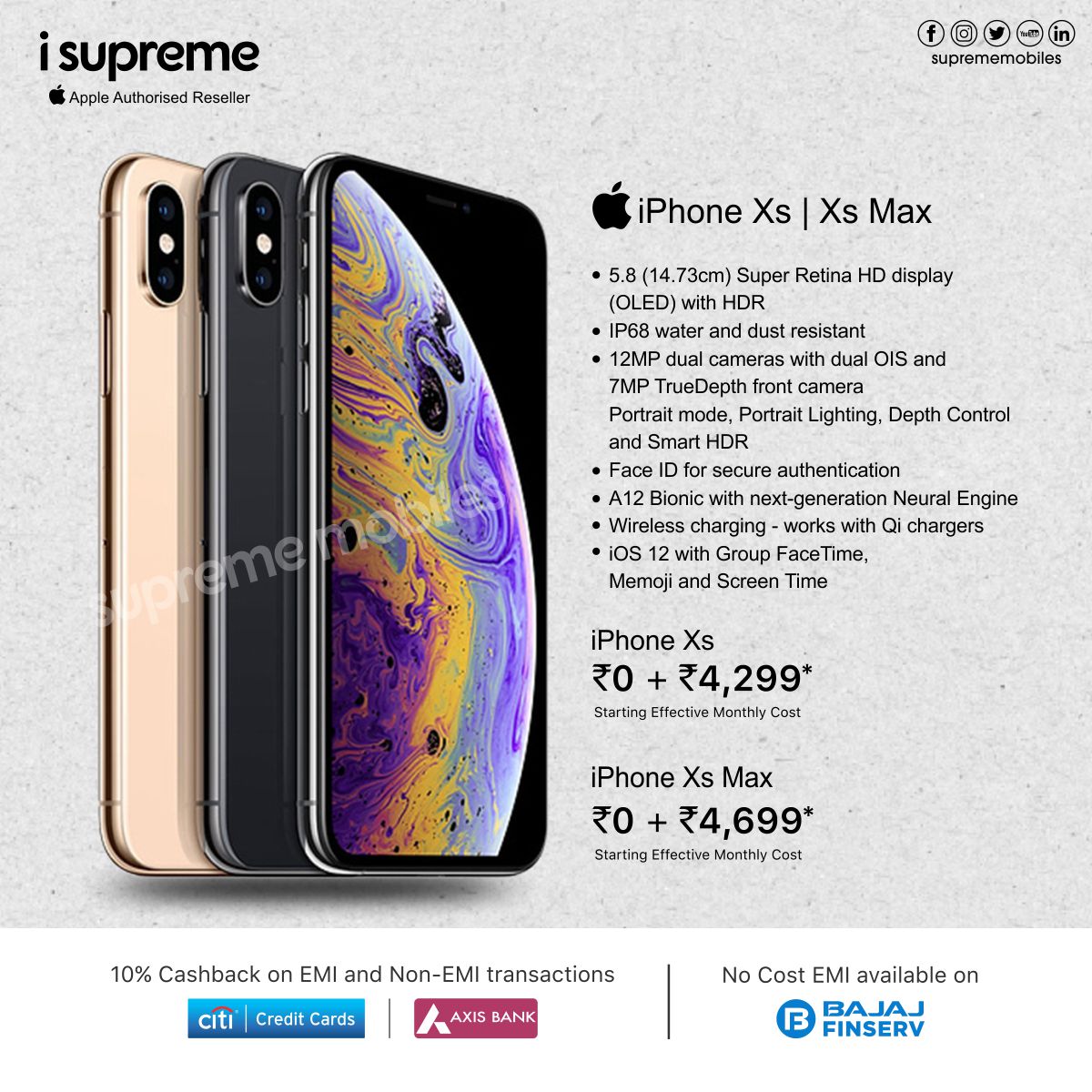 Supreme Mobiles on X: Apple IPhone Xs & Xs Max with Easy EMI Offer  Starting Effective Monthly cost 4,299*/- No Cost EMI Available On Bajaj  finserv  Walk-in to our stores for