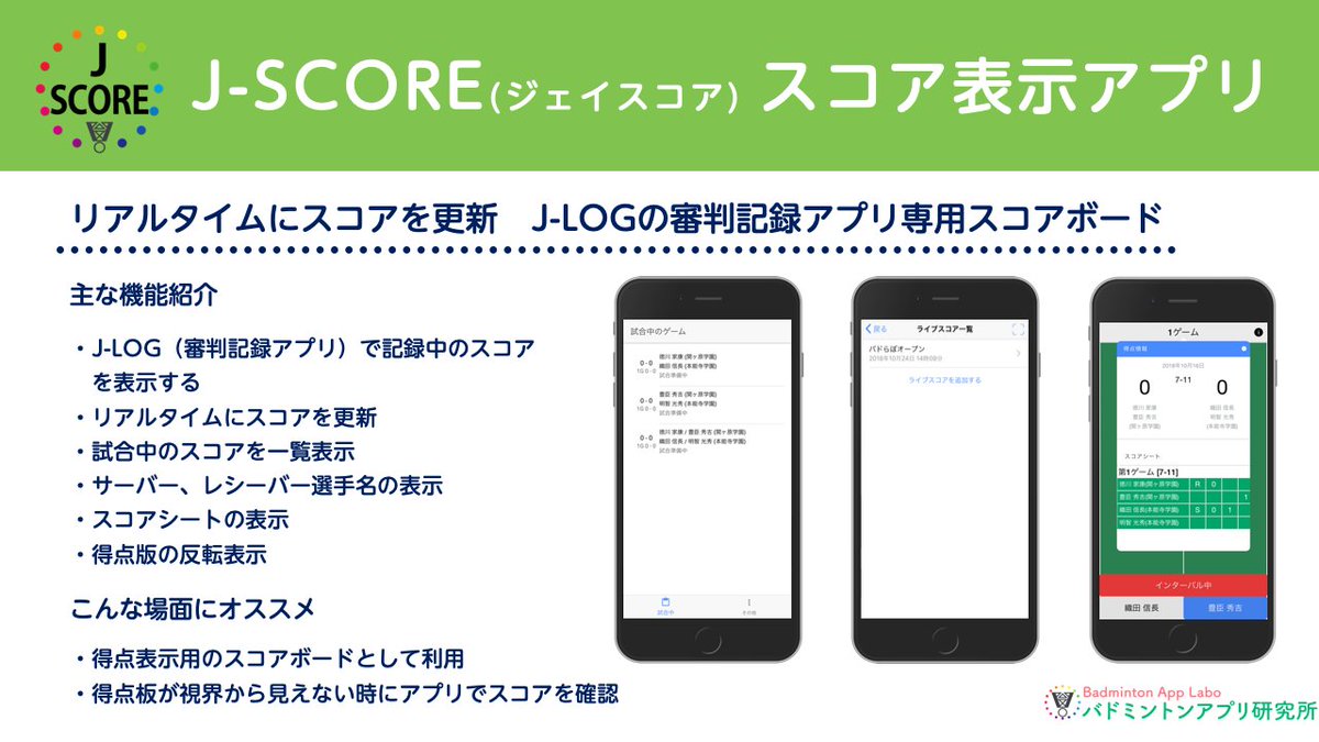 バドらぼ バドミントンアプリ研究所 Season3 アプリ紹介 J Score編 J Scoreはスコアボード の表示 閲覧するアプリです J Logのライブスコア機能を利用して 共有されたスコアをj Scoreで表示することができます 各コートのスコアを確認したい