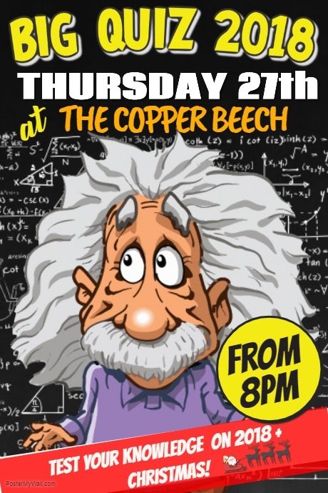 BIG Quiz If 2018
Come Along And Test Your Knowledge!
From 8pm
All Welcome.
#Copperbeech #Baildon #Quiz