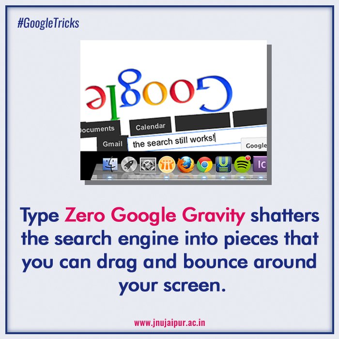 JAIPURJNU's tweet image. #GoogleTricks
There Are Many Awesome Tricks On Google By Google That You Should Be Aware Of. Here Is One Of The Best Google Gravity. 
#Google #GoogleGravity #GoogleTips #GoogleZeroGravity